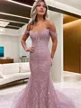 Sheath/Column Off-the-Shoulder Court Train Lace Prom Dress With Appliques Lace