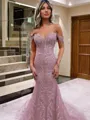 Sheath/Column Off-the-Shoulder Court Train Lace Prom Dress With Appliques Lace