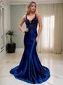 Trumpet/Mermaid V-neck Court Train Silk Like Satin Prom Dress With Appliques Lace
