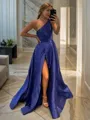A-Line/Princess One-Shoulder Sweep Train Satin Prom Dress With Leg Slit