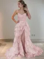 A-Line/Princess Straps Court Train Tulle Prom Dress With Leg Slit
