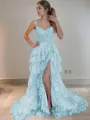 A-Line/Princess Straps Court Train Tulle Prom Dress With Leg Slit