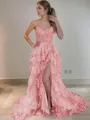 A-Line/Princess Straps Court Train Tulle Prom Dress With Leg Slit
