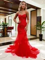 Sheath/Column Sweetheart Court Train Tulle Prom Dress With Appliques Lace