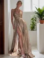 A-Line/Princess V-neck Sweep Train Prom Dress With Leg Slit