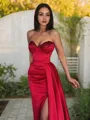 Sheath/Column Sweetheart Sweep Train Silk Like Satin Prom Dress With Leg Slit