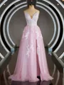 A-Line/Princess V-neck Sweep Train Tulle Prom Dress With Appliques Lace