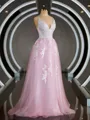A-Line/Princess V-neck Sweep Train Tulle Prom Dress With Appliques Lace