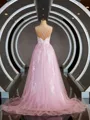 A-Line/Princess V-neck Sweep Train Tulle Prom Dress With Appliques Lace