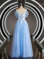 A-Line/Princess V-neck Sweep Train Tulle Prom Dress With Appliques Lace