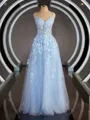 A-Line/Princess Off-the-Shoulder Floor-Length Tulle Prom Dress With Appliques Lace