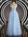 A-Line/Princess Off-the-Shoulder Floor-Length Tulle Prom Dress With Appliques Lace