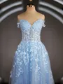 A-Line/Princess Off-the-Shoulder Floor-Length Tulle Prom Dress With Appliques Lace