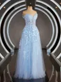 A-Line/Princess Off-the-Shoulder Floor-Length Tulle Prom Dress With Appliques Lace
