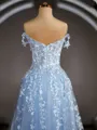 A-Line/Princess Off-the-Shoulder Floor-Length Tulle Prom Dress With Appliques Lace
