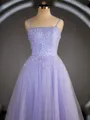 A-Line/Princess Spaghetti Straps Floor-Length Tulle Prom Dress With Beading