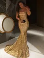Trumpet/Mermaid Strapless Sweep Train Sequins Prom Dress