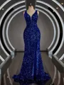 Sheath/Column V-neck Sweep Train Velvet Sequins Prom Dress With Leg Slit