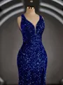 Sheath/Column V-neck Sweep Train Velvet Sequins Prom Dress With Leg Slit