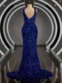 Sheath/Column V-neck Sweep Train Velvet Sequins Prom Dress With Leg Slit