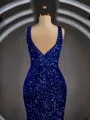 Sheath/Column V-neck Sweep Train Velvet Sequins Prom Dress With Leg Slit