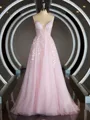 A-Line/Princess V-neck Court Train Tulle Prom Dress With Appliques Lace