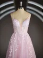 A-Line/Princess V-neck Court Train Tulle Prom Dress With Appliques Lace