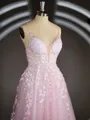 A-Line/Princess V-neck Court Train Tulle Prom Dress With Appliques Lace