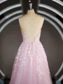 A-Line/Princess V-neck Court Train Tulle Prom Dress With Appliques Lace