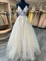 A-line V-neck Appliques Lace Floor-Length Tulle Porm Dress