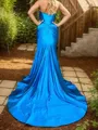 Sheath Sweetheart Pleated Chapel Train Silk Like Satin Porm Dress