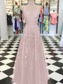 A-Line/Princess V-neck Floor-Length Tulle Prom Dress With Appliques Lace