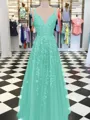 A-Line/Princess V-neck Floor-Length Tulle Prom Dress With Appliques Lace