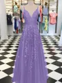 A-Line/Princess V-neck Floor-Length Tulle Prom Dress With Appliques Lace
