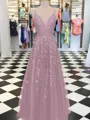A-Line/Princess V-neck Floor-Length Tulle Prom Dress With Appliques Lace