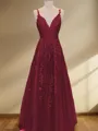 A-Line/Princess V-neck Floor-Length Tulle Prom Dress With Appliques Lace