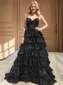 A-line V-neck Appliques Lace Sweep Train Tulle Corset Porm Dress