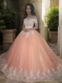 Ball Gown Off-the-Shoulder Court Train Tulle Prom Dress With Appliques Lace