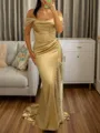Sheath Off-the-Shoulder Pleated Sweep Train Silk Like Satin Porm Dress