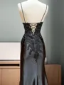 Sheath V-neck Appliques Lace Sweep Train Silk Like Satin Porm Dress