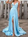 A-line V-neck Sweep Train Silk Like Satin Porm Dress