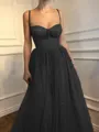A-Line/Princess Spaghetti Straps Floor-Length Tulle Prom Dress With Beading