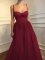 A-Line/Princess Spaghetti Straps Floor-Length Tulle Prom Dress With Beading