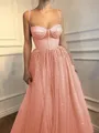 A-Line/Princess Spaghetti Straps Floor-Length Tulle Prom Dress With Beading