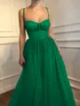 A-Line/Princess Spaghetti Straps Floor-Length Tulle Prom Dress With Beading