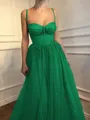 A-Line/Princess Spaghetti Straps Floor-Length Tulle Prom Dress With Beading