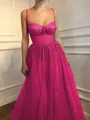 A-Line/Princess Spaghetti Straps Floor-Length Tulle Prom Dress With Beading