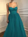 A-Line/Princess Spaghetti Straps Floor-Length Tulle Prom Dress With Beading