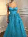 A-Line/Princess Spaghetti Straps Floor-Length Tulle Prom Dress With Beading