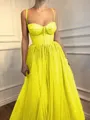 A-Line/Princess Spaghetti Straps Floor-Length Tulle Prom Dress With Beading